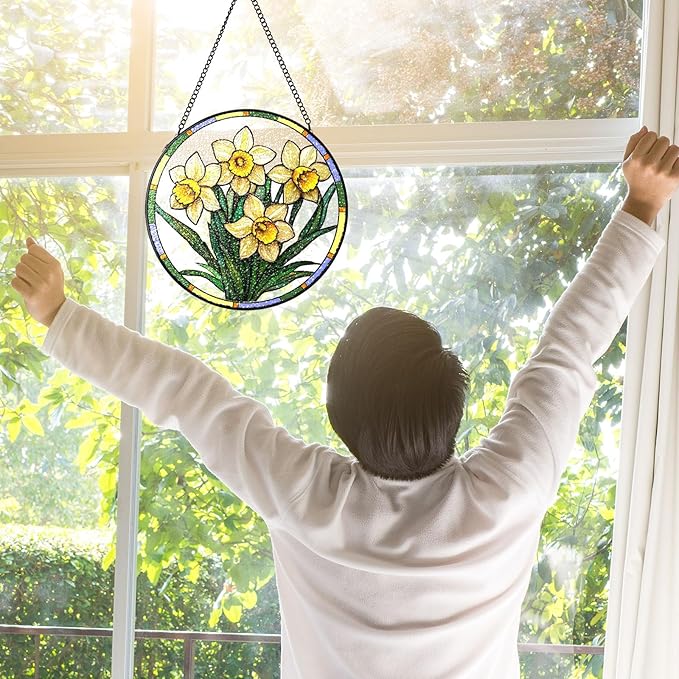 Stained Glass Suncatchers Window Hanging, Narcissus Flower Sun Catchers Indoor Window Stained Glass Hanging Garden Decor, Birthday Gifts for Mom Grandma Aunt Sister Bestie 7.8 in