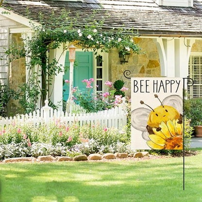 AVOIN colorlife Summer Bee Happy Garden Flag 12x18 Inch Double Sided Outside, Sunflower Party Holiday Burlap Yard Outdoor Decoration