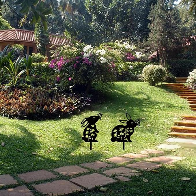 CREATCABIN 2Pcs Rabbit Metal Decor for Outside Black Rabbit Stake Rabbit Garden Decor Art Bunny Silhouette Statues Garden Decorative Ground Insert Lawn Ornaments for Outside Outdoor 9/12.4x11.8Inch