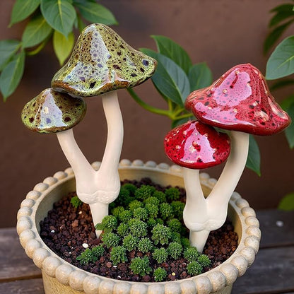 2pcs Ceramic Mushroom Garden Stake, Fairy Garden Figurines Decoration,Yard Outdoor Mushroom Decor, 11.8" in Height