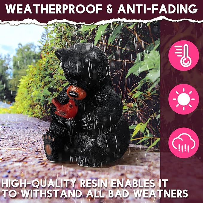 Geelin Solar Black Bear Statue Decoration Garden Bear and Cardinal Figurine Christmas Lighted Outdoor Yard Garden Patio Lawn Decor Unique Birthday Housewarming Gifts for Mom Women 5.5 Inch