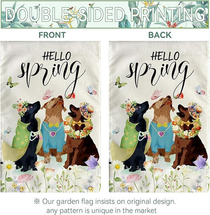 Hello Spring Garden Flags Golden Retriever Dog Yard Flag Puppy Daisy Floral Flowers House Banner Spring Butterfly Seasonal Flowers Garden Flag or Farmhouse Holiday Outside Decor 12x18 Inch