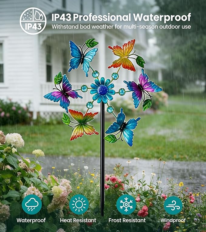 44" Colorful Butterfly Garden Wind Spinners - Metal Outdoor Stakes Kinetic Wind Spinner Windmills Decor, Wind Sculpture Yard Art Decorations for Patio, Lawn & Garden