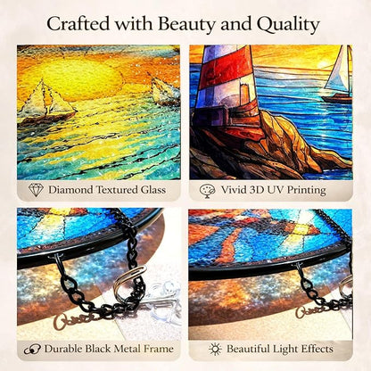 Lighthouse Ocean Suncatcher Window Hanging, 7.8" Stained Glass Decor, Symbolic Gift for Family, Friends and Loved Ones, Coastal Home Decor for Window, Wall, Living Room and Sunroom