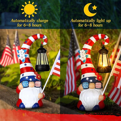 VIHOSE 12 Inch 4th of July Patriotic Gnomes Statues 250th Anniversary Gnome Outdoor Figurine Lights for Outside Lawn Ornaments Garden Porch Patio Balcony Yard Fourth of July Gifts for Mom Women