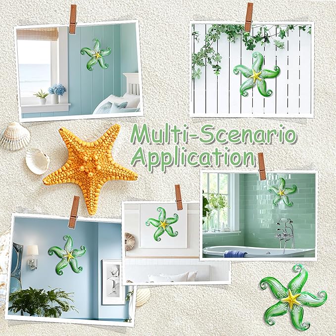 POXOHO Starfish Outdoor Metal Wall Decor, Metal Wall Art Outdoor for Garden Yard Fence, 12" Hanging Glass Sculpture, Starfish Coastal Wall Decor for Ocean Themed Gifts (Green)