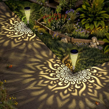 gardencave 6 Pack Solar Lights Outdoor Garden Decorative Mandala Solar Garden Lights with Warm Light Waterproof Solar Pathway Landscape Light for Path Patio Backyard Walkway Yard Decor (White)