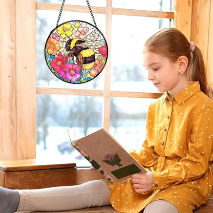 kdqua Bee Floral Suncatcher Stained Glass Window Hanging, Colorful Floral Bumblebee Sun Catchers Indoor Window Glass Round Wall Decor, Bee Wall Art Hanging Decorations Statues, 7.9x7.9in