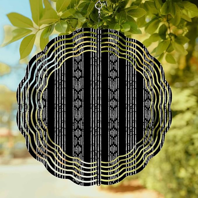 Tribal Boho Geometric Stripes Round Wind Spinner 8", 3D Stainless Steel Wind Spinners for Yard and Garden Black Indoor Outdoor Metal Hanging Craft Ornaments for Porch Lawn Home Party Decoration