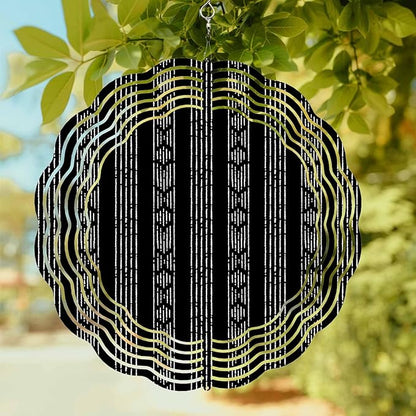 Tribal Boho Geometric Stripes Round Wind Spinner 10", 3D Stainless Steel Wind Spinners for Yard and Garden Black Indoor Outdoor Metal Hanging Craft Ornaments for Porch Lawn Home Party Decoration