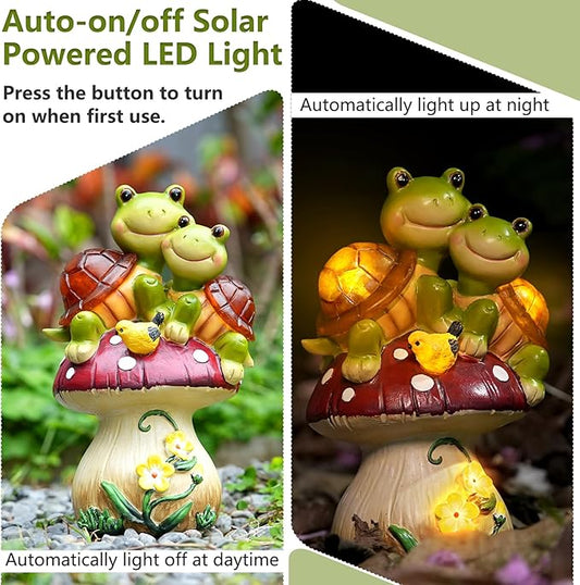 Solar Light Turtle Garden Statue, Turtle on Mushroom Figurine, Lovely Tortoise Garden Statue with 5 LED Lights for Patio, Balcony, Yard, Housewarming, Outdoor Lawn Decorations