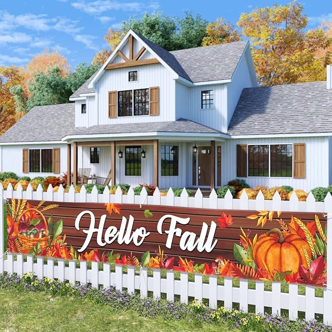 Probsin Happy Fall Banner 120"x 20" Decorations Outdoor Thanksgiving Decor Autumn Party Supplies Wooden Hello Fall Pumpkin Mushroom Harvest Welcome Hanging Backdrop for Garden Fence Yard Lawn Porch