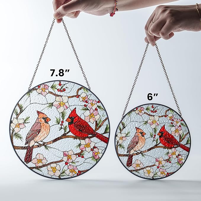 6" Cardinal Bird Stained Glass Suncatchers Art Glass Birds and Flowers for Sun Catcher Indoor Window Gifts for Women Mom Grandma Nature Floral Lovers Friend Painted Panel Décor BIRD-22B-SG6