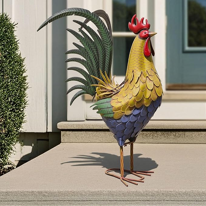 32" Metal Rooster Decor, Large Outdoor Garden Statues, Metal Chicken Sculpture for Backyard Patio Kitchen Decor