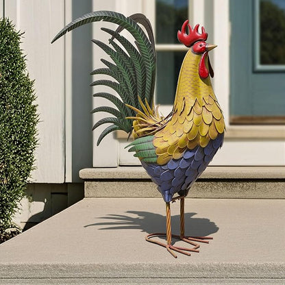 32" Metal Rooster Decor, Large Outdoor Garden Statues, Metal Chicken Sculpture for Backyard Patio Kitchen Decor