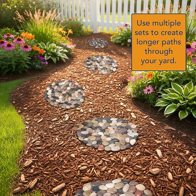 Bits and Pieces - Stepping Stones Outdoor Walkway - 12" River Rock Landscaping Decorative Stepping Stones - Set of Three (3) - Backyard Decor Garden Pavers for Outside Walkway