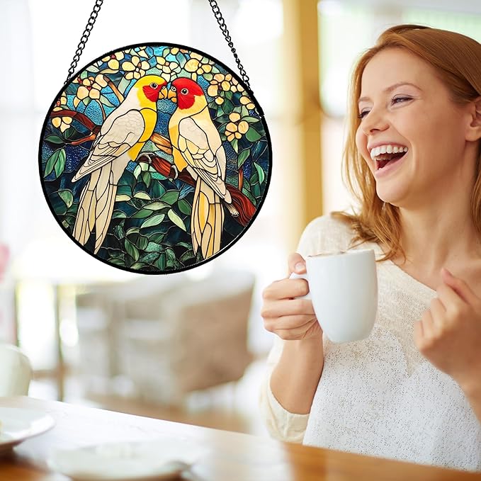 CHATYOUNG Stained Glass Window Hanging 2 Parrots Yellow Flowers Large 15" - Suncatcher Door Garden Sunroom Bird Sun Catcher Home Decor Mother's Day Birthday Christmas for Mom Men Woman Nana
