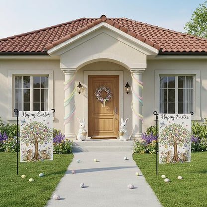 Happy Easter Garden Flag 12 x 18 Inch Double Sided Outside Flag, Easter Eggs Tree Bunny Yard Outdoor Easter Holiday Decoration