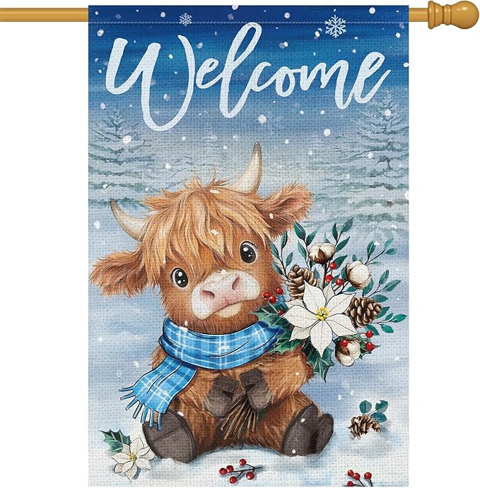 Heyfibro Welcome Summer Highland Cow Garden Flag 28x40 Double Sided Burlap Spring Flower Sunflower Bee Small Yard Banner for Rustic Seasonal Outside Outdoor House Decoration (ONLY FLAG)