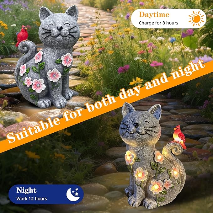 Solar Cat Garden Statue with LED Lights, Waterproof Resin Cat Figurine with Red Bird, Outdoor Decor for Patio, Lawn, Yard, Balcony, – Gift for Mom, Grandma & Cat Lovers