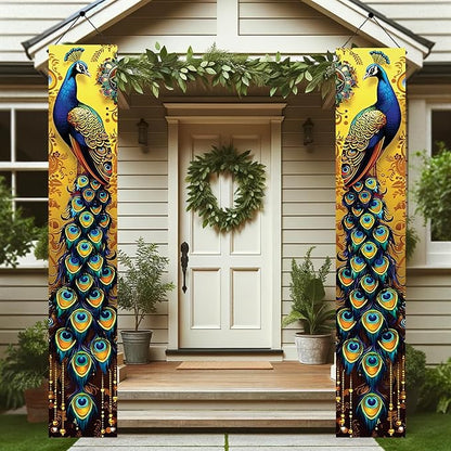 Peacock Porch Banners 180x30 CM Elegant Golden Peacock Decorations Hanging Door Signs Outdoor Home Decor Entryway Welcome Banner for Porch Patio Garden Party