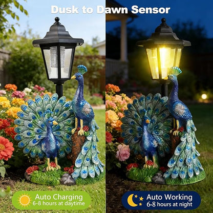 VEEKI Peacock Garden Statue Outdoor, Solar Peacock Figurine Outdoor Waterproof with Lantern, Resin Peacock Decor for Garden Patio Yard Lawn Ornament, Housewarming Birthday Gifts for Women Mom Grandma