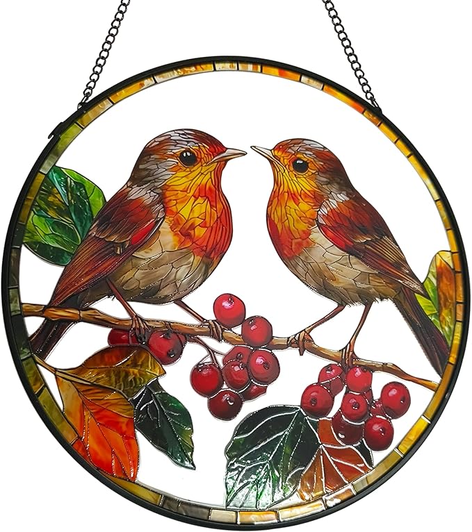Robins Sun Catcher Stained Glass Window Hanging Suncatcher Indoor Window with Metal Chain, Birds Gifts for Women Mom Bird Lovers