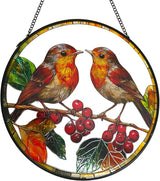 Robins Sun Catcher Stained Glass Window Hanging Suncatcher Indoor Window with Metal Chain, Birds Gifts for Women Mom Bird Lovers