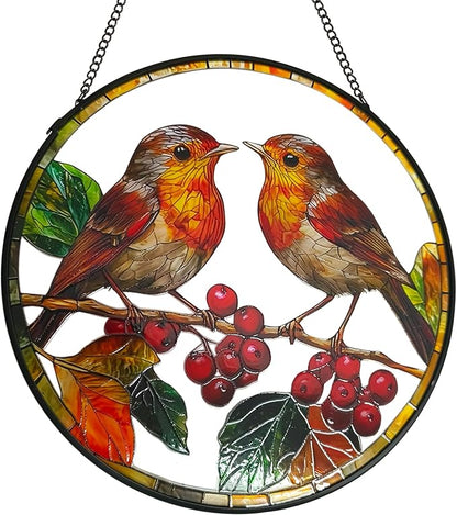 Robins Sun Catcher Stained Glass Window Hanging Suncatcher Indoor Window with Metal Chain, Birds Gifts for Women Mom Bird Lovers