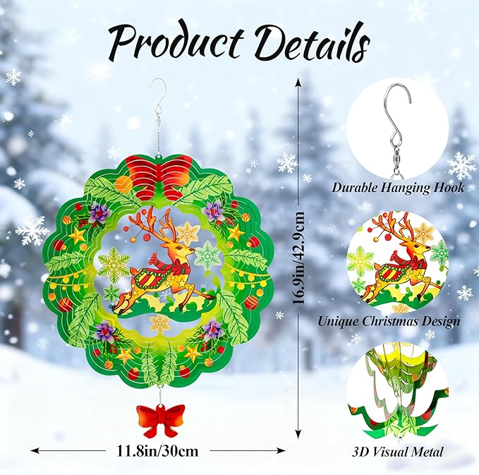 Stainless Steel 3D Deer Wind Spinner Garden Yard Patio Porch Decor, Birthday Gifts for Women Mom Grandma, 12 Inch Hanging Wind Spinners Outdoor & Indoor Decoration