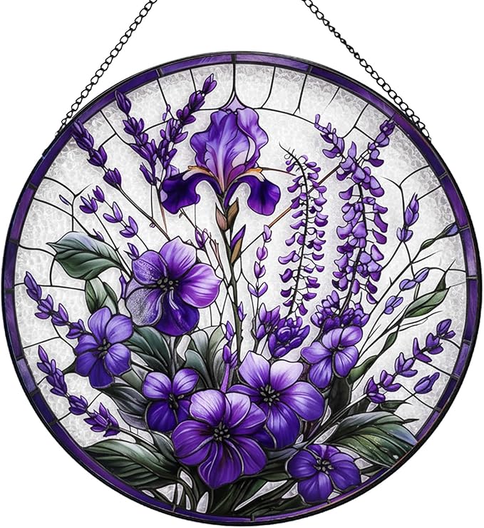 Lavender Flower Suncatchers Stained Glass Window Hanging, Flower Sun Catchers Indoor Window Glass Round Wall Decor, Christmas, Mother's Day, Birthday Gifts for Mom Grandma Women Wife Lovers
