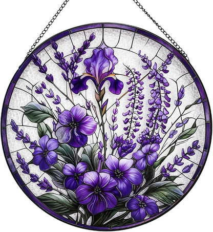 Lavender Flower Suncatchers Stained Glass Window Hanging, Flower Sun Catchers Indoor Window Glass Round Wall Decor, Christmas, Mother's Day, Birthday Gifts for Mom Grandma Women Wife Lovers
