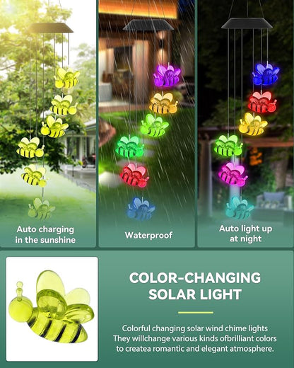 DOUBLEZHE Solar Wind Chimes for Outside, Color Changing Bee Wind Chimes Outdoor Clearance, Birthday Gifts for Mom Women Grandma Wife Girls, Unique Garden Decor Colorful Patio, Balcony Yard Decoration