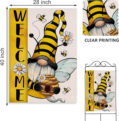 Welcome Spring Summer Bumble Bee Gnome Decorative House Flag, Honeycomb Daisy Flower Spring Garden Yard Outside Decorations, Farmhouse Outdoor Large Home Decor Double Sided 28 x 40