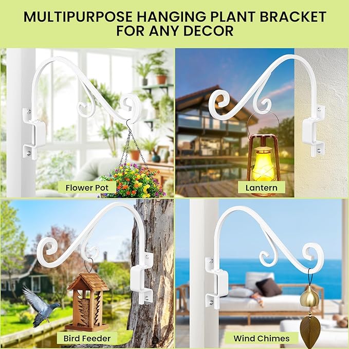 Swivel Plant Hanger, 16 Inch Metal Plant Hangers Outdoor Dual Hook Design Wall Plant Hanger Heavy Duty Plant Hangers Outdoor for Hanging Bird Feeders, Cages, Lanterns, Baskets, Wind Chimes, White