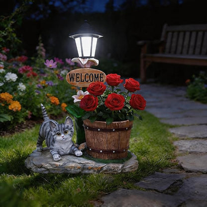 Solar Garden Statue with Planter & Solar Lantern, Outdoor Resin Animal Sculpture, Waterproof Yard Lawn Decor Pot for Succulents, Front Porch Ornament Housewarming Gift(Lying Silver Tabby Cat)