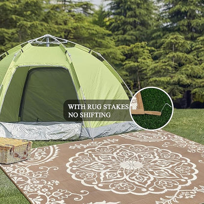 Pauwer Waterproof Outdoor Rug 9x12, Reversible Plastic Straw Patio Camping Rug, Indoor Outdoor RV Mat Carpet for Deck, Camper, Porch, Balcony, Backyard, Picnic, Boho Brown