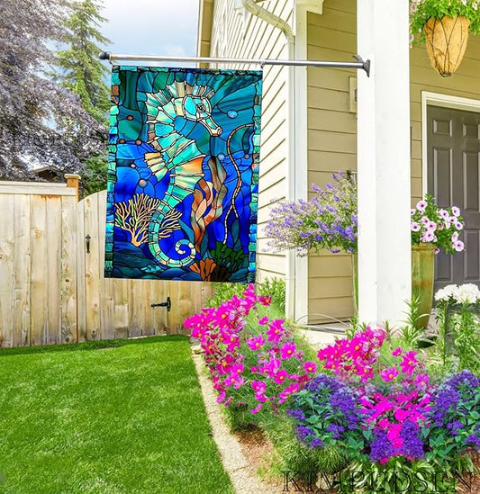 Stained Glass Style Seahorse House Flag 28x40 Inch Double Sided Outside, Coastal Ocean Garden Flag Burlap Yard Flags for Summer Holiday Party Outdoor Decoration