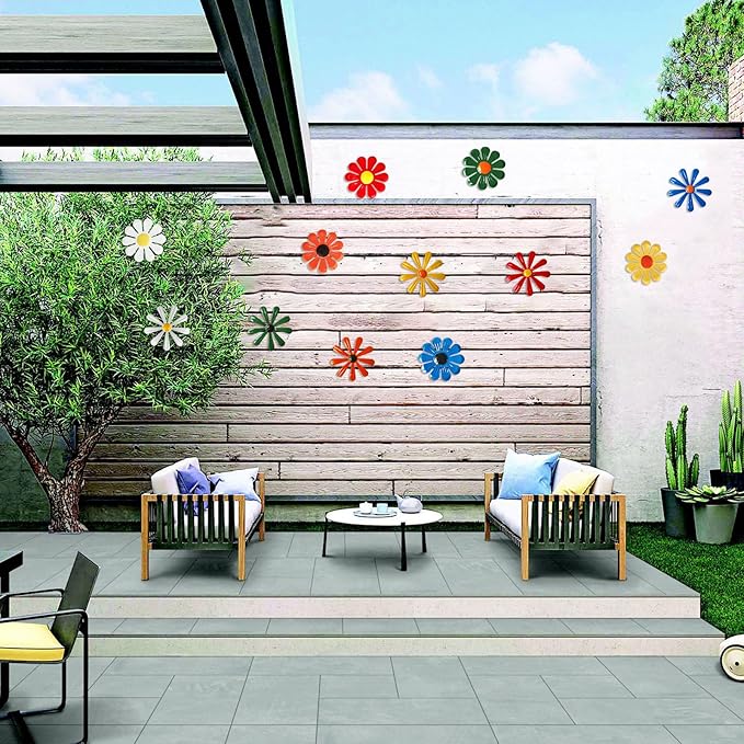 Metal Flowers Garden Decorations Set,12 Pcs Metal Flowers Statues Wall Art Decor,Metal Sunflower Daisy Hanging Ornament For Indoor Living Room Bedroom Outdoor Backyard Porch Patio Fence Decoration