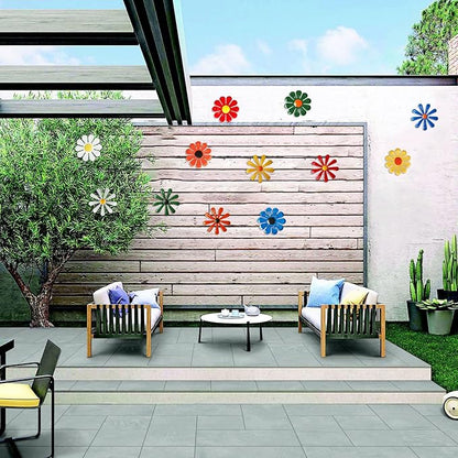 Metal Flowers Garden Decorations Set,12 Pcs Metal Flowers Statues Wall Art Decor,Metal Sunflower Daisy Hanging Ornament For Indoor Living Room Bedroom Outdoor Backyard Porch Patio Fence Decoration