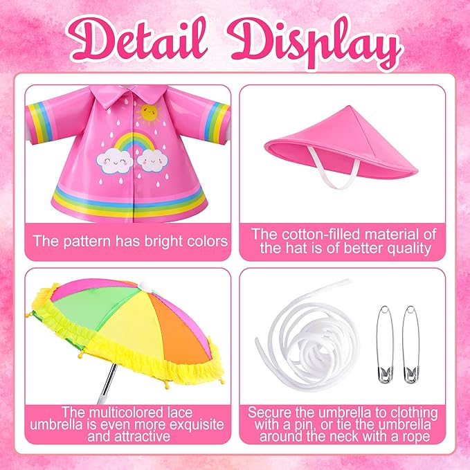 DECOHS 3 Pcs/Set Raincoat Porch Goose Outfits, Summer Lawn Goose Statue Raincoat Costume, Yard Goose Clothes Raincoats Umbrella Hat Outfit for 23" Statue Patio Garden Decoration (Rosy Rainbow)
