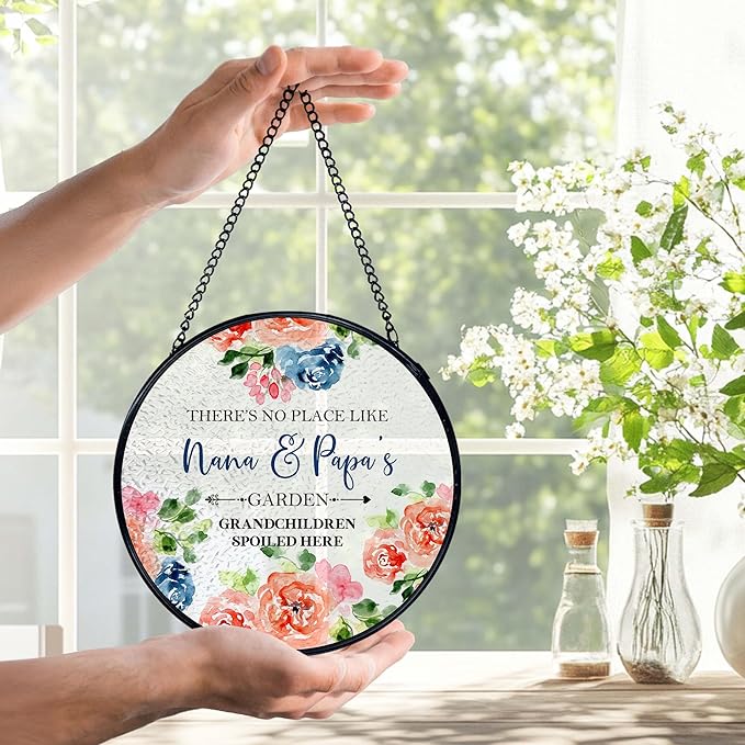 Patio Nana and Papa Gifts Suncatchers Stained Glass Window Hanging, Grandparents Gifts from Grandkids Sun Catchers Indoor Window, Grandma and Grandpa Gift, 7.9x7.9in