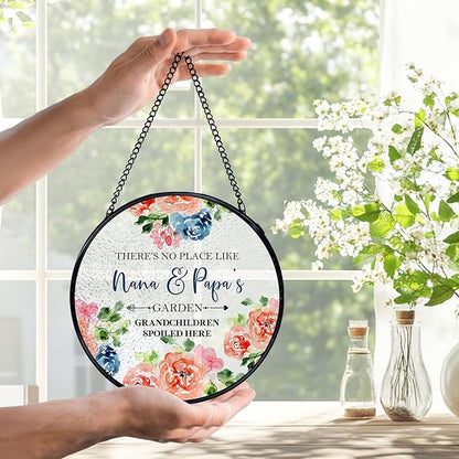 Patio Nana and Papa Gifts Suncatchers Stained Glass Window Hanging, Grandparents Gifts from Grandkids Sun Catchers Indoor Window, Grandma and Grandpa Gift, 7.9x7.9in