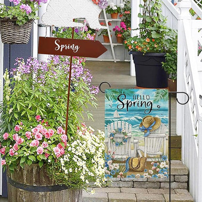 Hzppyz Hello Spring Sea Chairs Garden Flag Double Sided, Forget Me Not Flower Coastal Ocean Beach Decorative Yard Outdoor Home Small Decor, Nautical Sailboat Bag Hat Burlap Outside House Decoration 12