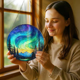 Stained Glass Window Hanging - 8 Inch Northern Lights Suncatcher for Window Doors Home Decoration, Valentine's Day Mother's Day Christmas Birthday Gifts for Women, Men, and Mom Grandma