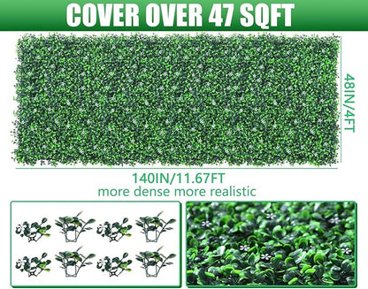 Grooy 48"x 144"(47 sq.ft) Artificial Boxwood Roll Panels with Flowers, UV-Anti Faux Ivy Leaves Privacy Fence Screen, Grass Wall Roll Panels for Indoor Home Decor and Outdoor Garden Backyard