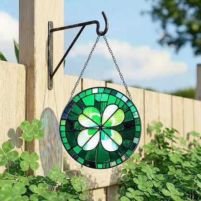 Stained Glass Window Hanging, Green Four Leaf Clover Suncatcher 7.8 in Sun Catcher Boho Wall Art Decor with Chain Diamond Glass Panel Hangings Scenery Sun Catchers Decor for Lover Couple Mom