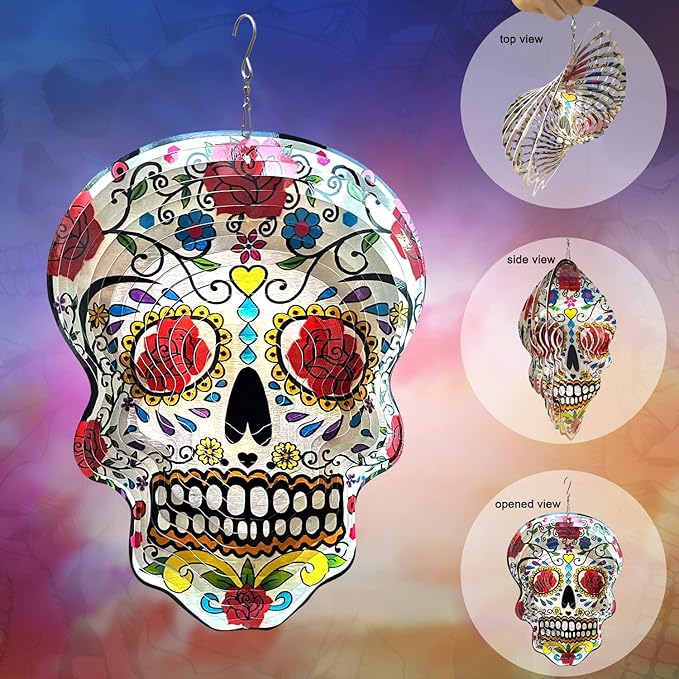 Fonmy Kinetic 3D Metal Garden Wind Spinner Quality Hanging Ornament for Home and Garden 12inch Mandala Rose Sugar Skull Wind Spinners
