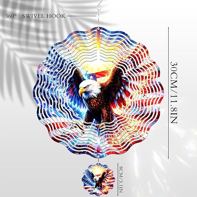 American Eagle Wind Spinner - 3D Flag Pattern Wind Spinners Outdoor Stainless Steel Kinetic Art Spinning Decor 12 Inch 250 Anniversary Hanging Ornaments for Patio Lawn Garden Yard Balcony