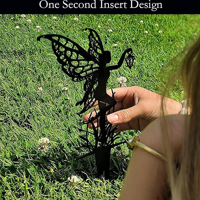 Decorative Garden Stakes， Fairy Garden Stakes, Butterfly Fairy Stakes for Weather Resistant Black Metal Outdoor Decorative Art for Women Gift (Matte Black, 6P-A)